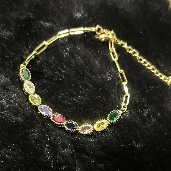 Multicolor Gemstone 14k Gold Plated Chain Bracelet NEW - Picture 2 of 6